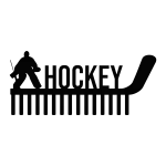Black laser-cut steel wall art featuring a hockey goalie silhouette with a stick, the word 'Hockey', and a hockey stick forming the letter 'Y'. The bottom has vertical lines resembling a comb, creating a modern look.